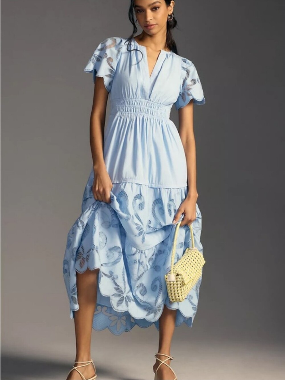 Anthropologie Somerset Maxi Dress Cutwork Eyelet Sky Blue Size Extra Small